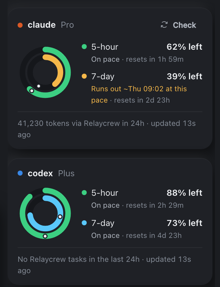 Usage cards for Claude and Codex: concentric rings for the 5-hour and 7-day windows with the percentage left, whether each is on pace, and when it resets.