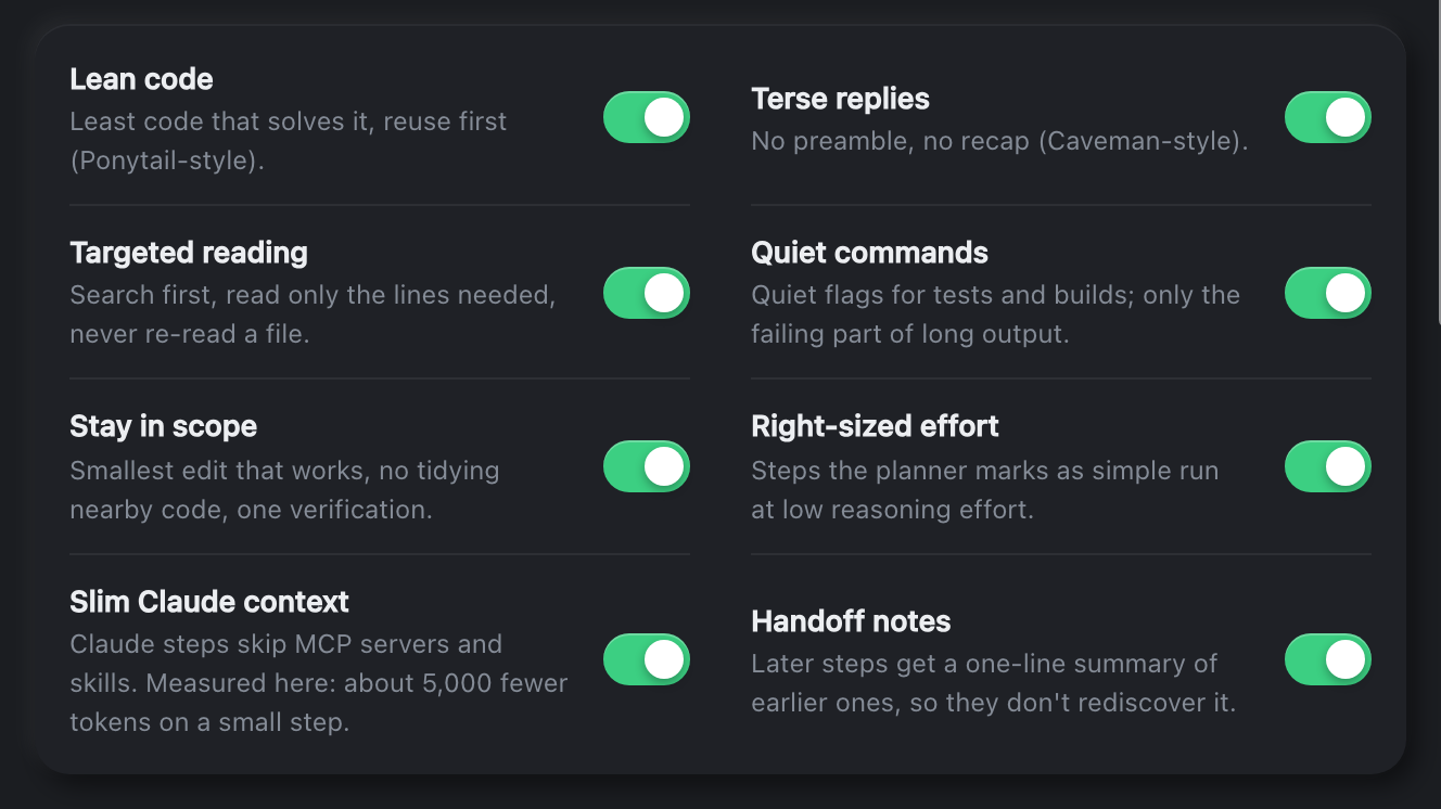 Settings showing eight token saver switches: lean code, terse replies, targeted reading, quiet commands, stay in scope, right-sized effort, slim Claude context and handoff notes.